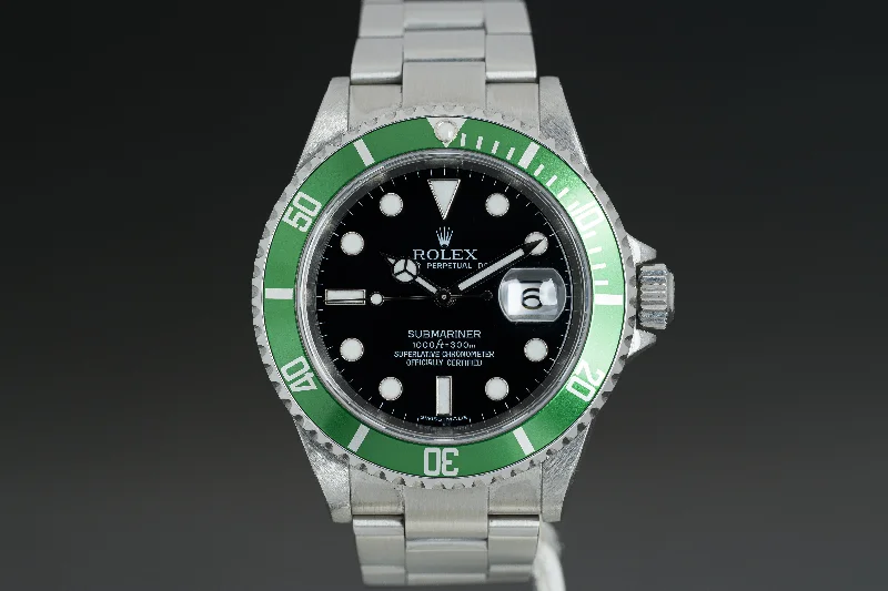 Best men’s watches with engraved details for personalized and custom designs-2007 Rolex 16610LV Green Anniversary Bezel Submariner Box, Papers, Booklets