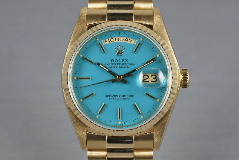 Men’s watches with bold designs and bright colors for a fun and unique style-1979 Rolex 18K Day-Date 18038 with Baby Blue Stella Dial