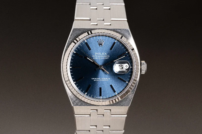 Best men’s watches with leather straps and stainless steel accents for a timeless design-2001 Rolex 17014 Blue Dial Oyster-Quartz Datejust Blue Dial w/ Box, Wallet, Calendar and Papers