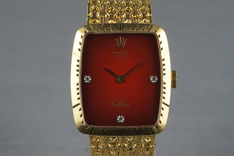 Best men’s watches with sporty designs for active lifestyles and outdoor adventures-1975 Rolex YG Cellini 4080 with Diamond Red Stella Dial