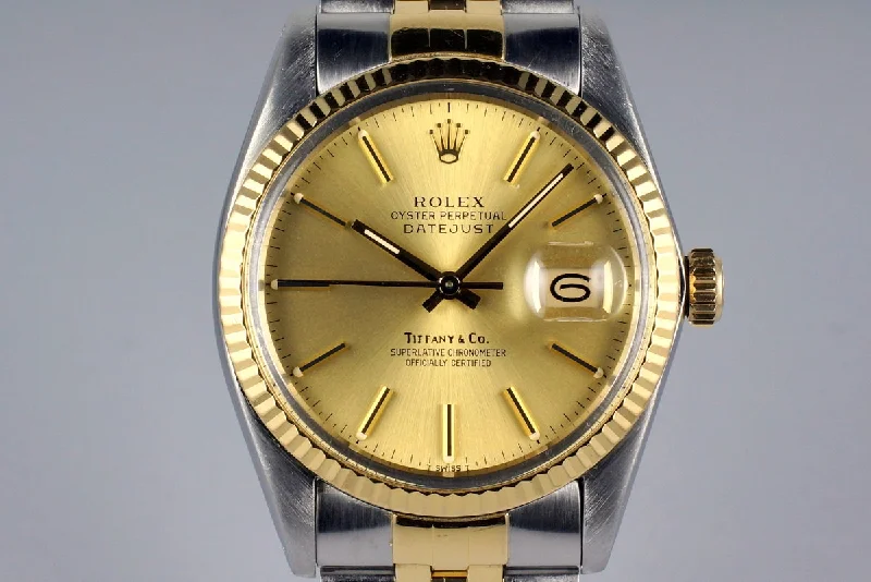 Men’s watches with chronograph and tachymeter functions for professional and racing use-1983 Rolex Two Tone DateJust 16013 Champagne Tiffany & Co. Dial