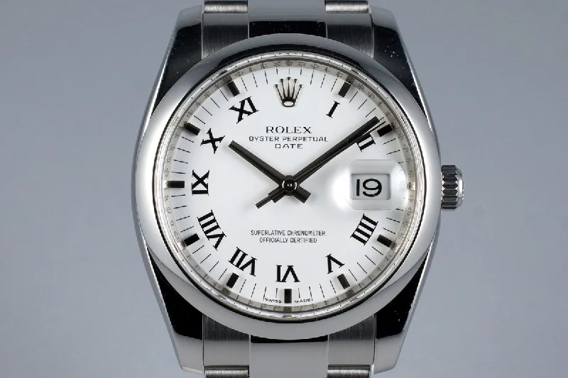 Men’s watches with leather straps and minimalist faces for a refined, modern appearance-2006 Rolex Date 115200 White Roman Dial