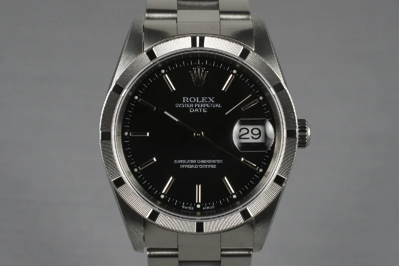 Men’s watches with rugged designs for durability and outdoor wear in harsh conditions-2001 Rolex Black Dial Date 15210 with Box & Papers