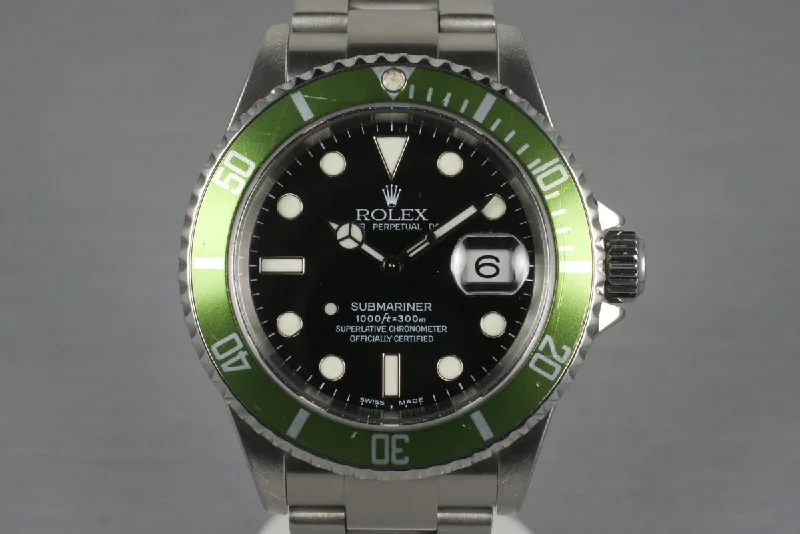 Men’s watches with intricate skeleton dials for a unique and visually stunning design-2004 Rolex Green Submariner 16610V with Box and Papers