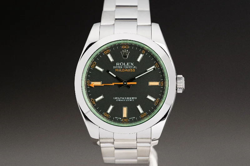 Affordable men’s watches with leather straps for a classic and stylish appearance-2009 Rolex Milgauss 116400V Green Crystal with Box, Card, Booklets & Hang Tags