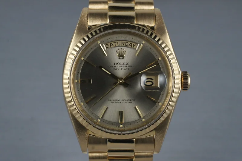 Best men’s watches with leather straps and stainless steel accents for a timeless design-1968 Rolex YG Day-Date 1803 Gray Dial with RSC Papers