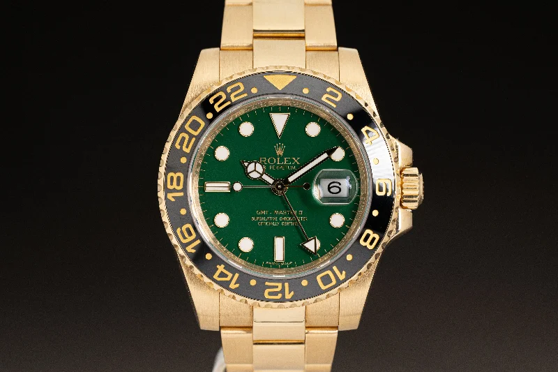 Men’s watches with high water resistance for aquatic activities like swimming and diving-Rolex 116718 18K Yellow Gold GMT Master II Green Anniversary Edition