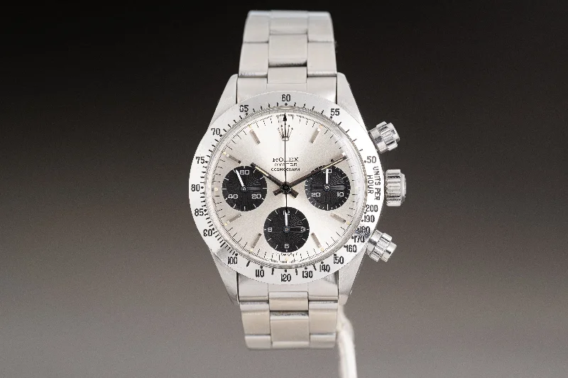 Men’s watches with retro digital dials for nostalgia and high-tech functionality combined-1975 Rolex Oyster Chronograph 6265 Silver Dial Box & Papers