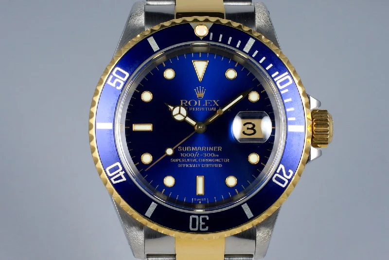 Best men’s watches with oversized dials for a statement piece that stands out-1999 Rolex Two Tone Blue Submariner 16613 with Box and Papers