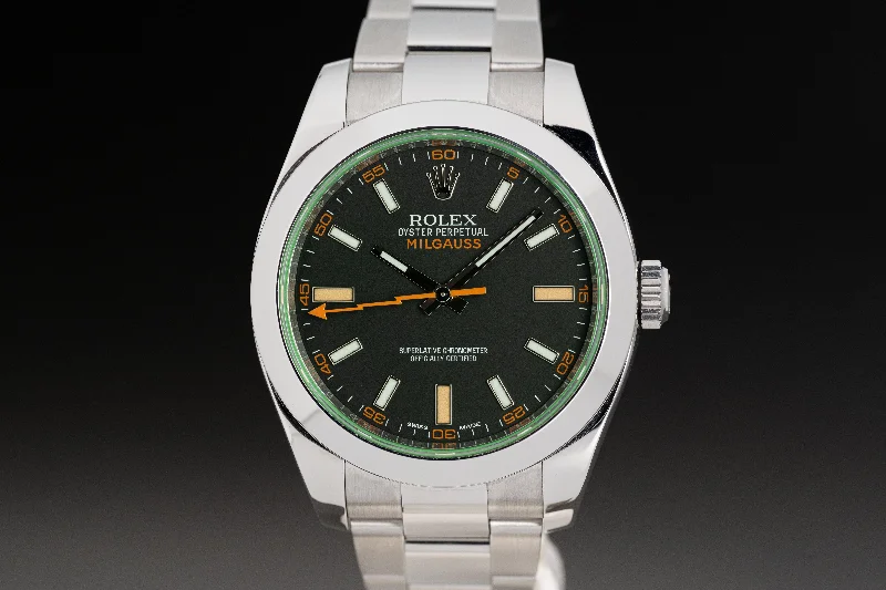 Men’s watches with textured dials for an intricate, sophisticated look and feel-2015 Rolex Milgauss 11640GV Green Crystal Box, Card, Booklets, Hangtag