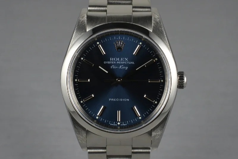 Best men’s watches with sapphire crystal for scratch resistance and long-lasting durability-2002 Rolex Air-King 14000 Blue Dial with Box and Papers