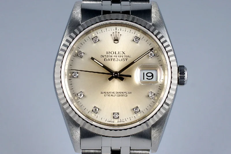 Men’s watches with world time functionality for global travelers and jet-setters-1991 Rolex DateJust 16234 Factory Silver Diamond Dial