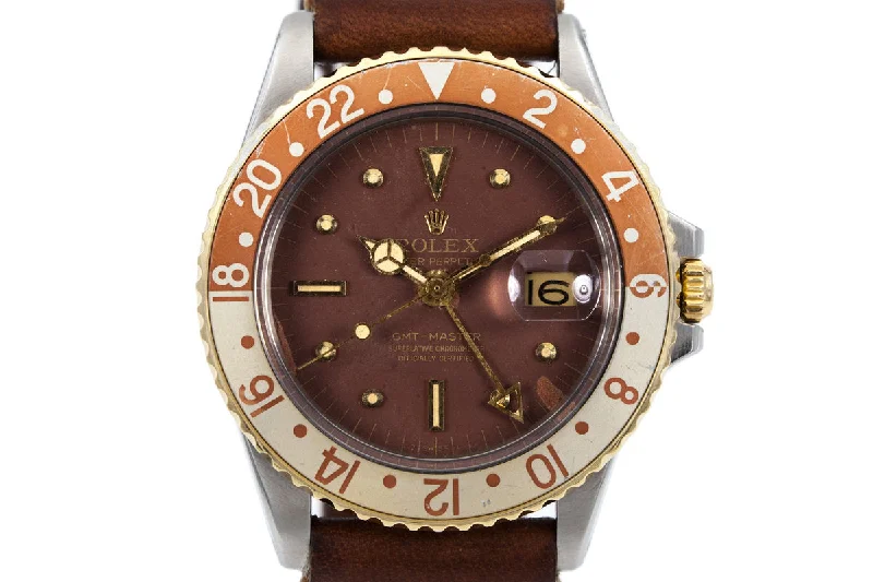 Men’s watches with world time functionality for global travelers and jet-setters-1970 Rolex Two Tone GMT 1675 with Root Beer Nipple Dial