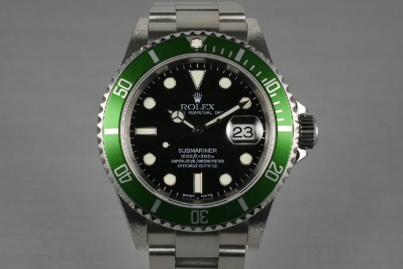 Best men’s watches with metal mesh bands for a contemporary and stylish design-2005 Rolex Green Submariner 16610V with Box and Papers