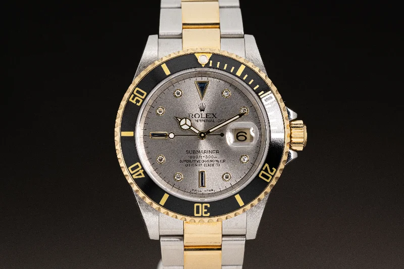 Best men’s watches with classic, simple dials for a timeless, minimalist aesthetic-2006 Rolex 18k/St 16613 Submariner Slate Gray w/ Sapphire & Diamond Serti Dial, Papers, Box, Booklets, Anchor & Hangtag