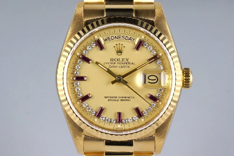 Best men’s watches for travelers with dual time zone and world time functions-1986 Rolex YG Day Date 18038 Factory Diamond and Ruby String Dial