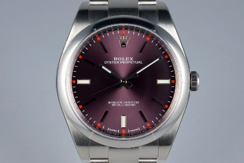 Best men’s watches for formal wear with leather straps and classic designs-2016 Rolex Oyster Perpetual Ref: 114300 ‘Red Grape’ Dial MINT