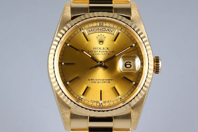 Best men’s watches with luminous hands and markers for easy reading in low light-1995 Rolex YG Day-Date 18238 Champagne Dial