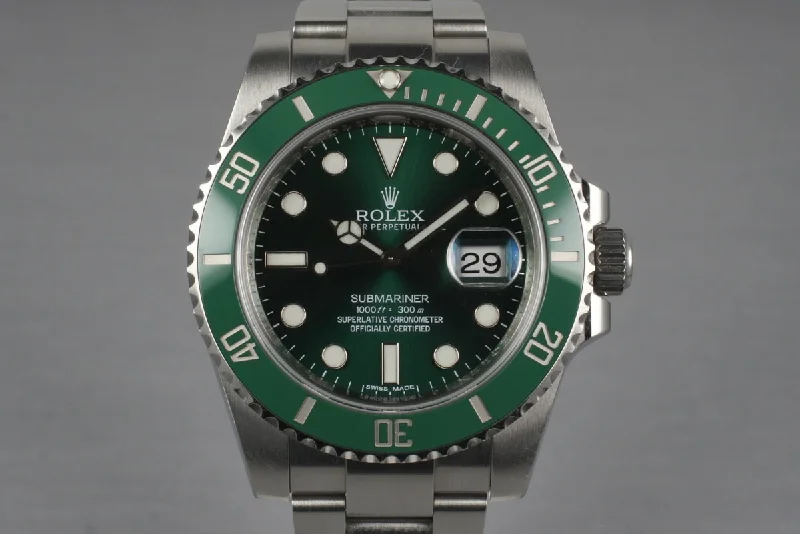 Affordable men’s watches with leather straps for a classic and stylish appearance-2010 Rolex Green Submariner 116610V with Box and Papers