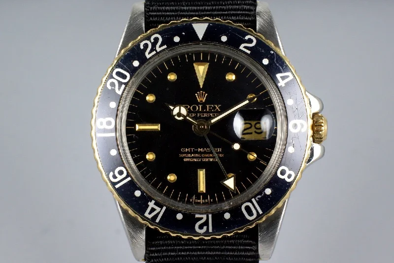 Best men’s watches for travelers with dual time zone and world time functions-1979 Rolex Two Tone GMT 1675 Black Nipple Dial