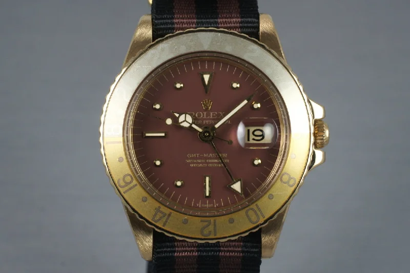 Best men’s watches with simple analog designs for a clean and timeless appearance-1970 Rolex YG GMT 1675 with Root Beer Dial