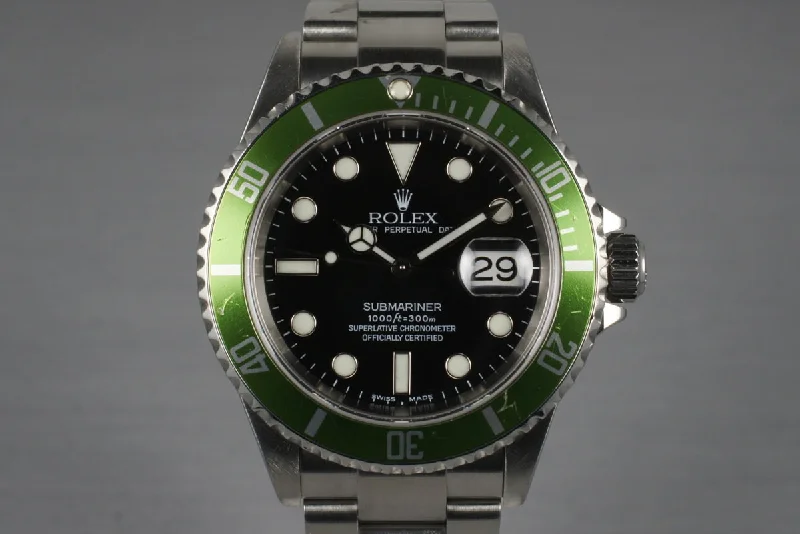 Best men’s watches with dual time zone displays for travelers and frequent flyers-2005 Rolex Green Submariner 16610V with Box and Papers