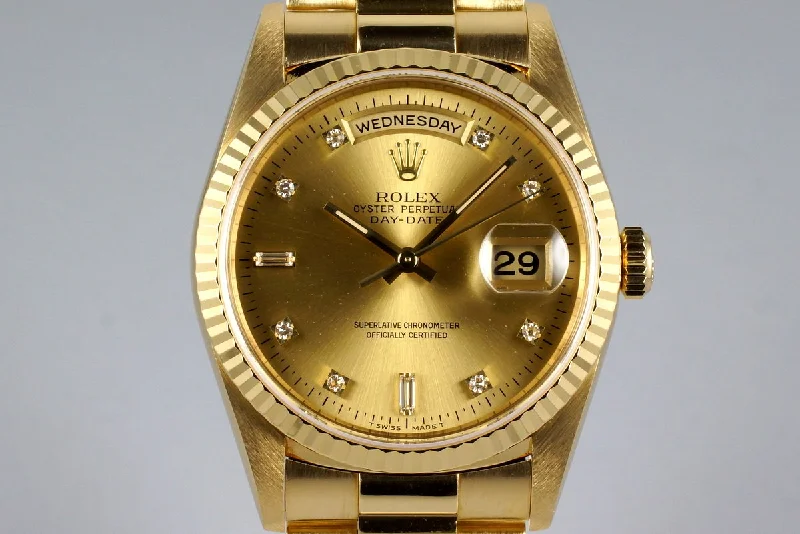 Men’s watches with leather straps and buckle closures for classic and timeless style-1995 Rolex YG Day-Date 18238 Factory Champagne Diamond Dial