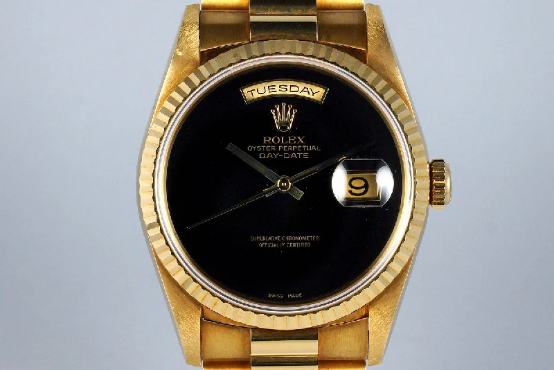 Men’s watches with high-tech materials like ceramic and titanium for durability and strength-1995 Rolex YG Day-Date 18238 Onyx Dial with Box and Papers UNPOLISHED