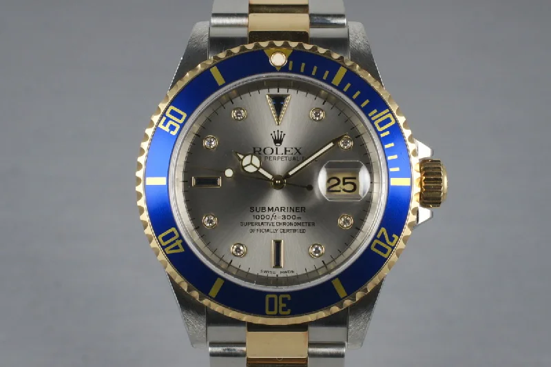 Best men’s watches for active lifestyles with waterproof and shock-resistant features-2003 Rolex Two Tone Submariner 16613 Serti Dial with Box and Papers