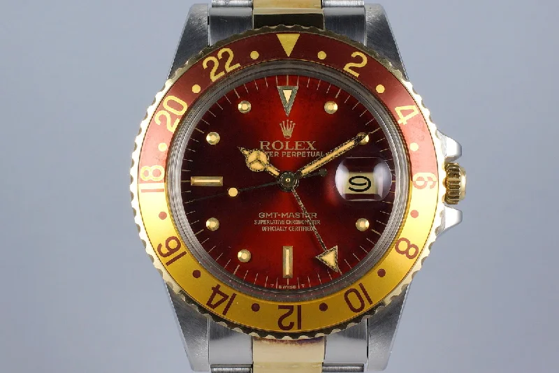 Best men’s watches with fine leather straps for luxury style and sophisticated appeal-1980 Rolex Two Tone GMT 16753 Root Beer 'Red' Dial