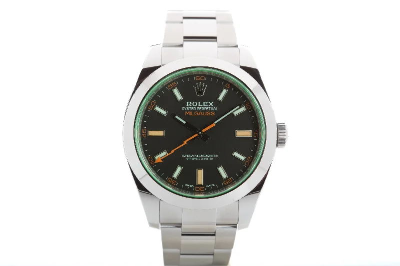 Affordable men’s watches with leather straps for a classic and stylish appearance-2022 Unworn Rolex Milgauss 116400GV Box, Papers, Card & Tags