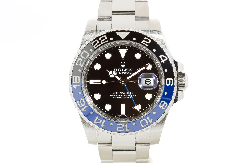 Men’s watches with classic Roman numerals for a vintage and elegant vibe-2014 Rolex GMT Master II  116710BLNR Batman