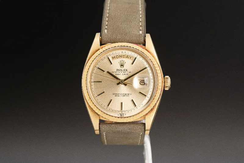 Best men’s watches with solar-powered technology for eco-friendly and self-sustaining timepieces-1973 Rolex Day-Date 1803 Pie Pan no Lume Champagne dial  w/ Papers & Booklet