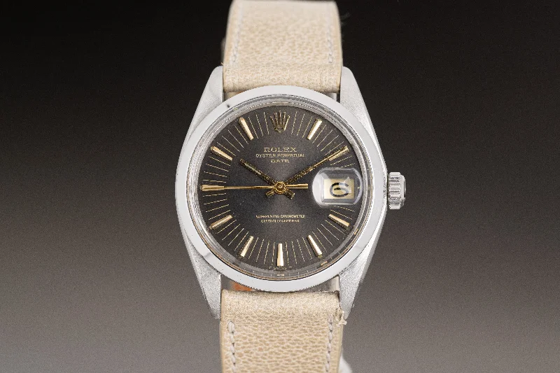 Best men’s watches with dual-purpose designs for both formal and casual wear-1971 Rolex Date Model 1500 with Gray Dial, Gilt Hands, Gilt Baton Markers on Strap with Service Papers