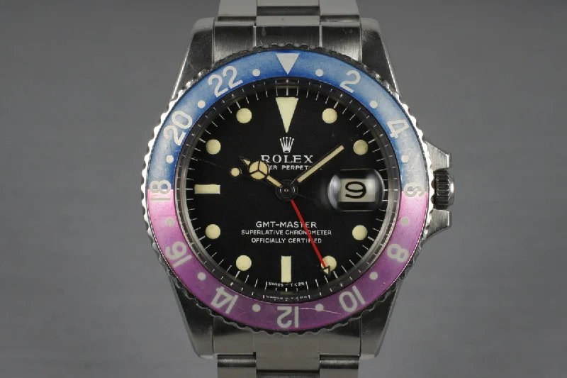 Men’s watches with intricate skeleton dials for a unique and visually stunning design-1967 Rolex GMT 1675 Mark I Dial with Violet Insert