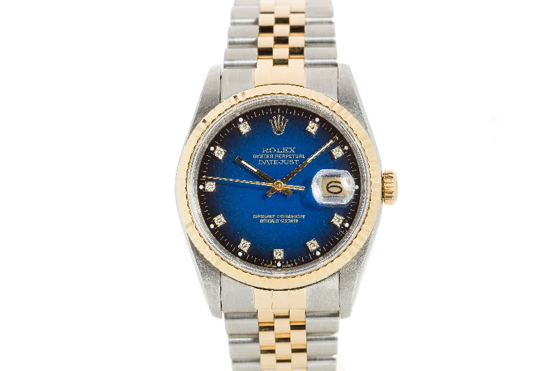 Waterproof men’s watches for diving and water sports with high water resistance ratings-1990 Rolex 16233 Datejust Blue Diamond Vignette Dial Box, Tags & Papers