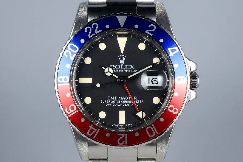 Men’s watches with leather and stainless steel combination for a versatile and durable accessory-1983 Rolex GMT 16750 Matte Dial with RSC Papers