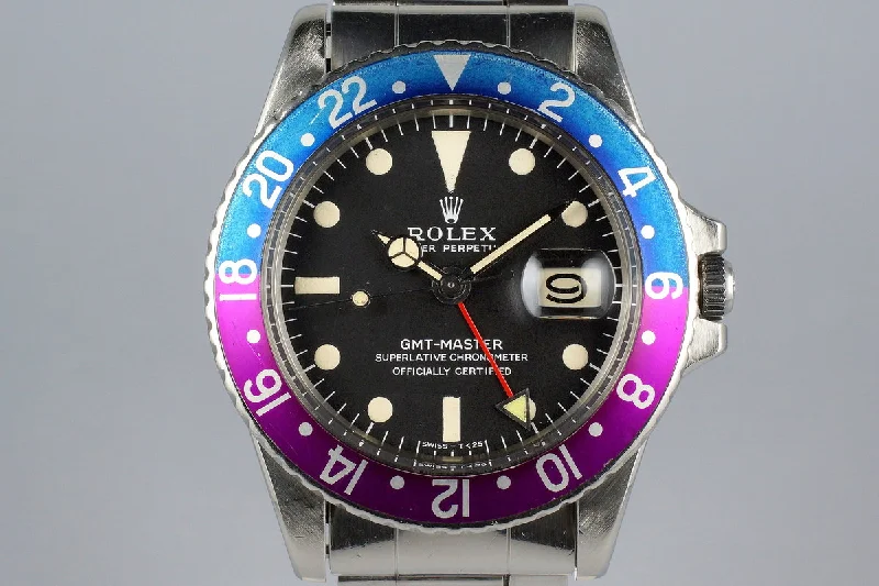 Men’s watches with rubberized bezels for a sporty and functional outdoor accessory-1968 Rolex GMT 1675 Mark I Dial with Fuchsia Insert