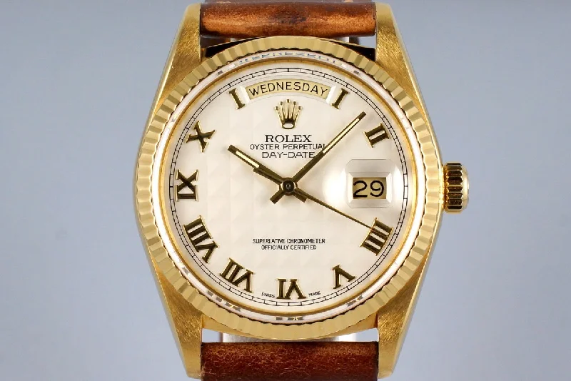 Best men’s watches with sapphire crystal for scratch resistance and long-lasting durability-1984 Rolex YG Day Date 18038 Cream Pyramid Dial with Box and RSC Papers