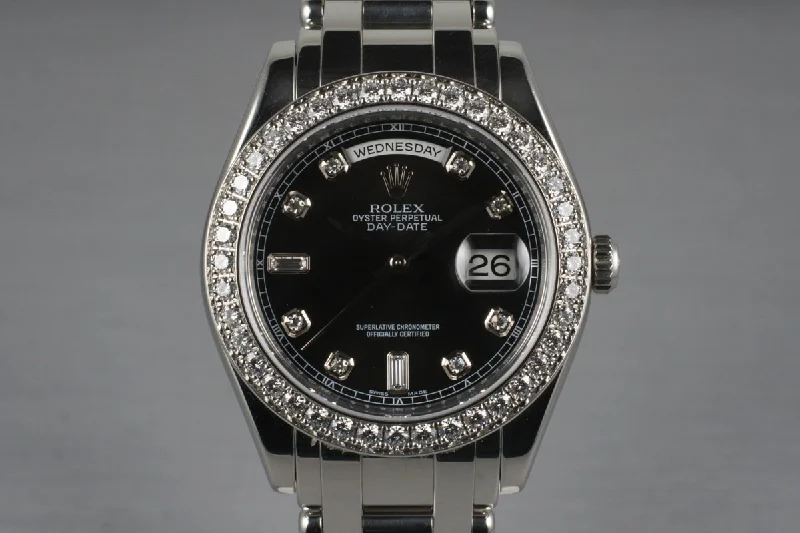 Men’s watches with smart features like fitness tracking and heart rate monitoring-2006 Rolex Platinum Masterpiece Day-Date 18946 Black Diamond Dial and Box and Papers