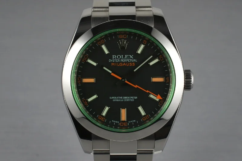 Men’s watches with adjustable straps for comfort and flexibility with various wrist sizes-2009 Rolex Milgauss Green 116400V with Box and Papers