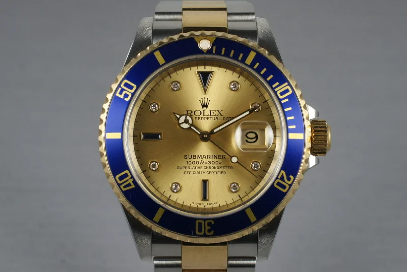 Men’s watches with retro digital dials for nostalgia and high-tech functionality combined-2000 Rolex Two Tone Submariner 16613 Serti Dial with Box and Papers