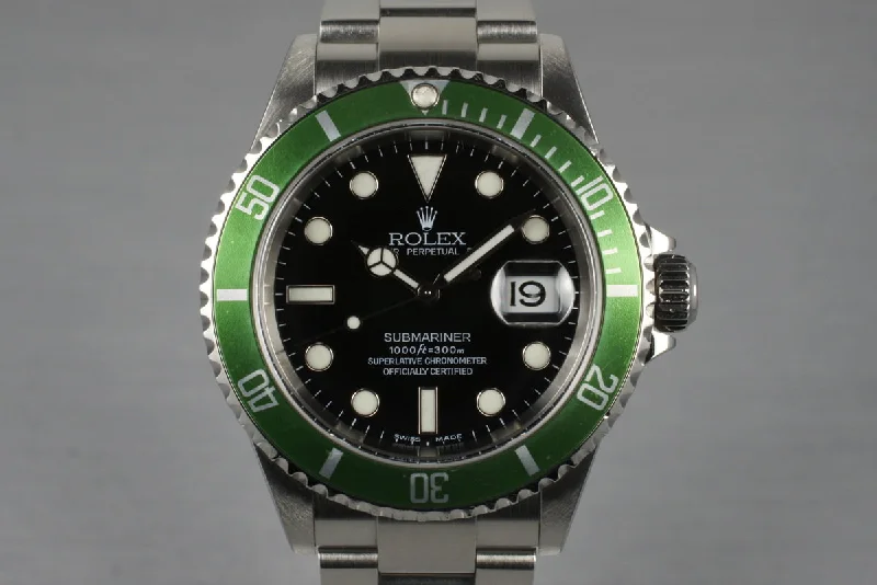 Men’s watches with leather straps and minimalist faces for a refined, modern appearance-2005 Rolex Green Submariner 16610V with Box and Papers