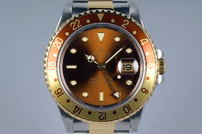 Men’s watches with customizable straps for different looks and easy wearability-1991 Rolex Two Tone GMT II 16713 Root Beer Dial