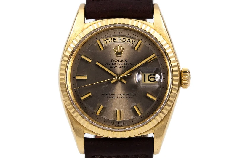 Best men’s watches for travelers with dual time zone and world time functions-1968 Rolex YG Day-Date 1803 Gray Non-Luminious ‘Wide Boy’ Dial with Punched Papers