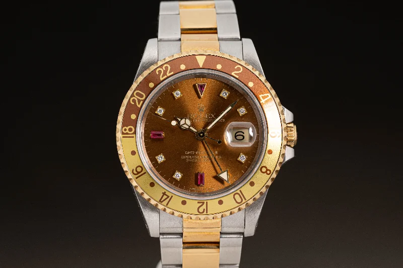 Men’s watches with diamond accents for a luxury touch and elegant statement-1997 Rolex 16713 GMT Master II Custom Brown Dial Diamond & Ruby Serti Markers with Box, Papers & Booklets