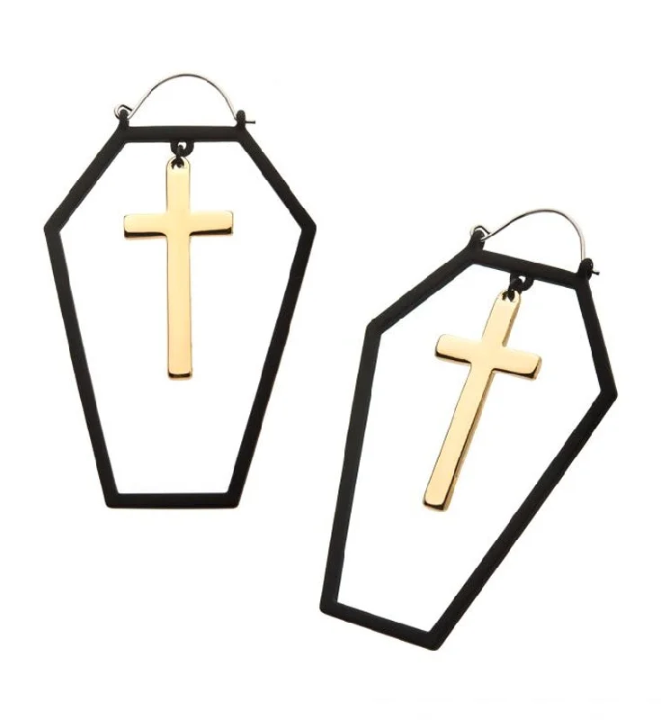 Hoop earrings with luxe velvet finishes for a rich and luxurious touch-20G Black Coffin Outline Gold Cross Plug Hoops