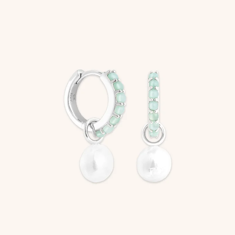 Hoop earrings with a matte finish for a sleek and sophisticated appearance-Aqua & Pearl Charm Huggies in Silver