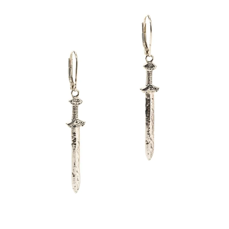 Stylish hoop earrings with diamond accents for an elegant and sparkling effect-Silver or Silver and Bronze Viking Drop Sword Earrings