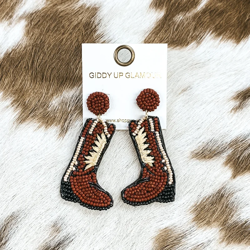 Best hoop earrings with crescent-shaped designs for a bold, moon-inspired style-Beaded Boot Post Back Earrings in Brown